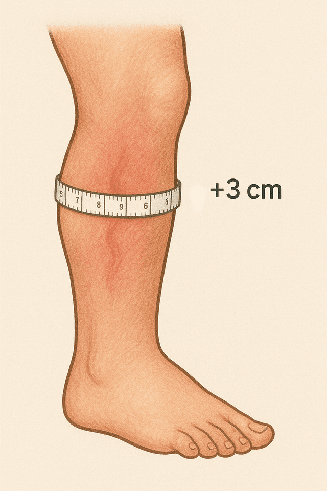 Illustration montrant la mesure de circonférence d'un mollet avec un mètre ruban et l'indication +3cm