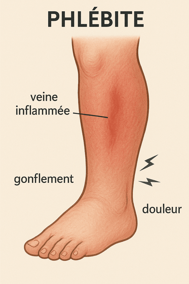 Illustration médicale d'une jambe avec veine inflammée, douleur et gonflement caractéristiques de la phlébite