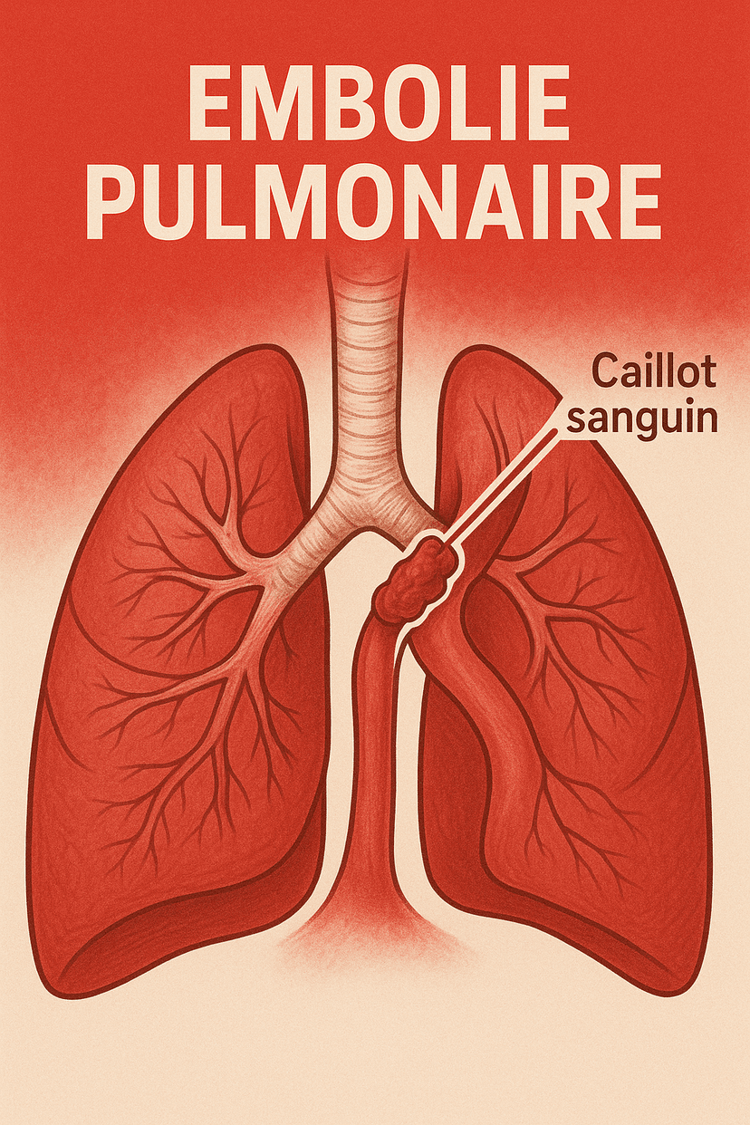 Illustration médicale de l'embolie pulmonaire montrant les poumons avec un caillot sanguin dans l'artère pulmonaire