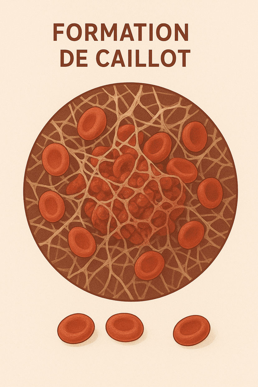 Illustration microscopique de la formation d'un caillot sanguin montrant les globules rouges et les fibres de fibrine