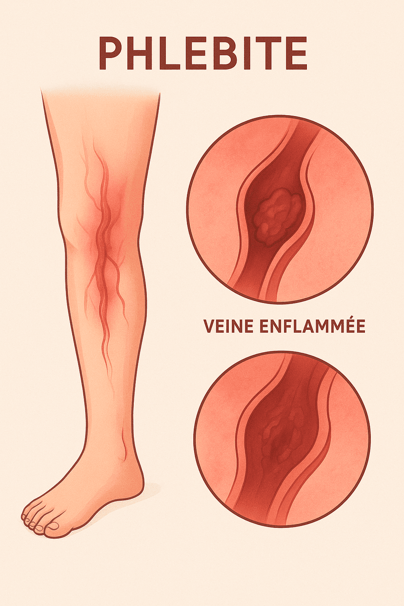 Illustration médicale de la phlébite montrant une jambe avec veines enflammées et vues agrandies des caillots sanguins