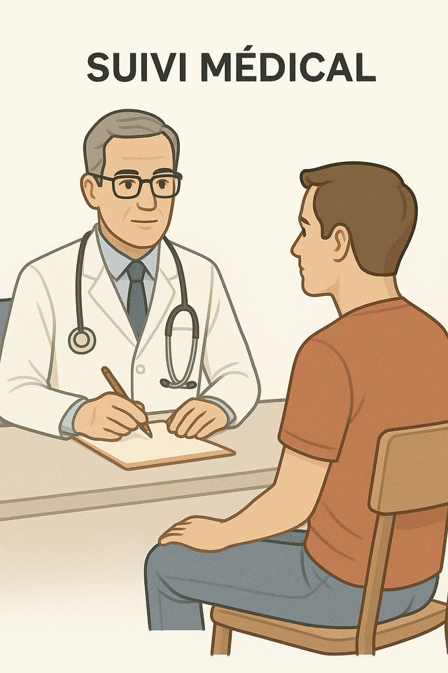 Illustration d'une consultation médicale montrant un médecin et un patient lors d'un suivi médical